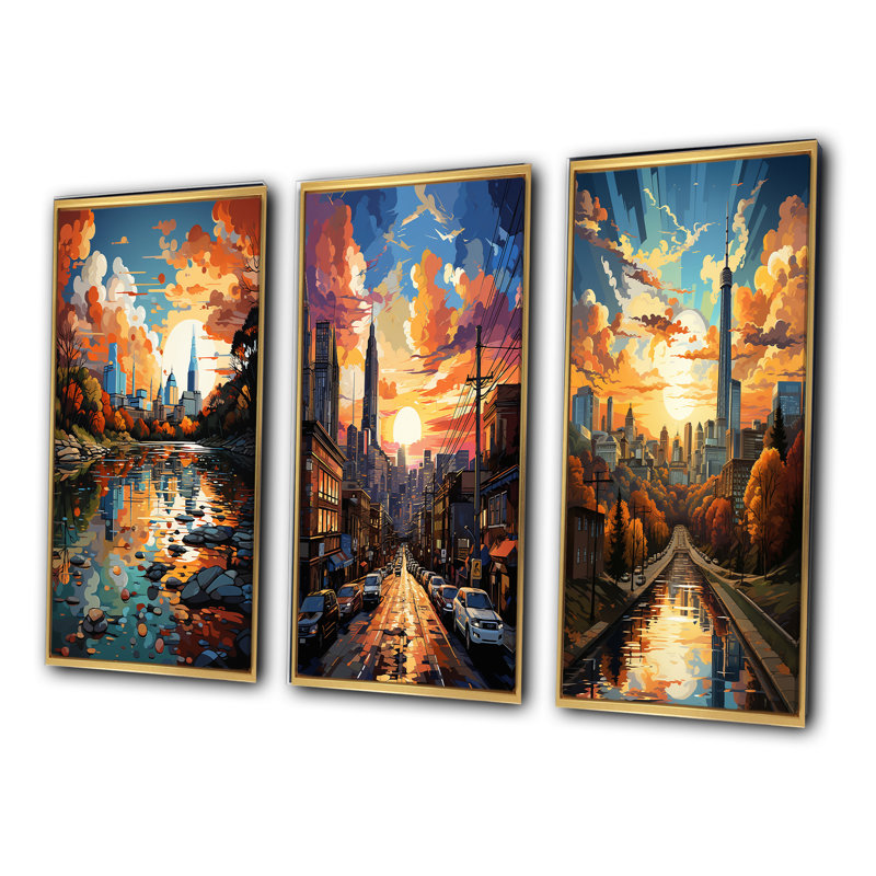 «City Austin Popart», 3 pièces sur toile, H 20 po x l 36 po, Encadrement doré