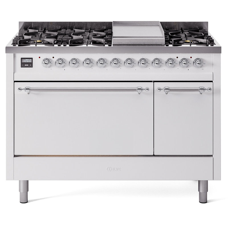 ILVE Nostalgie II, cuisinière à double combustible de 48 po, 8 brûleurs, plaque chauffante, Propane liquide, Blanc/chrome