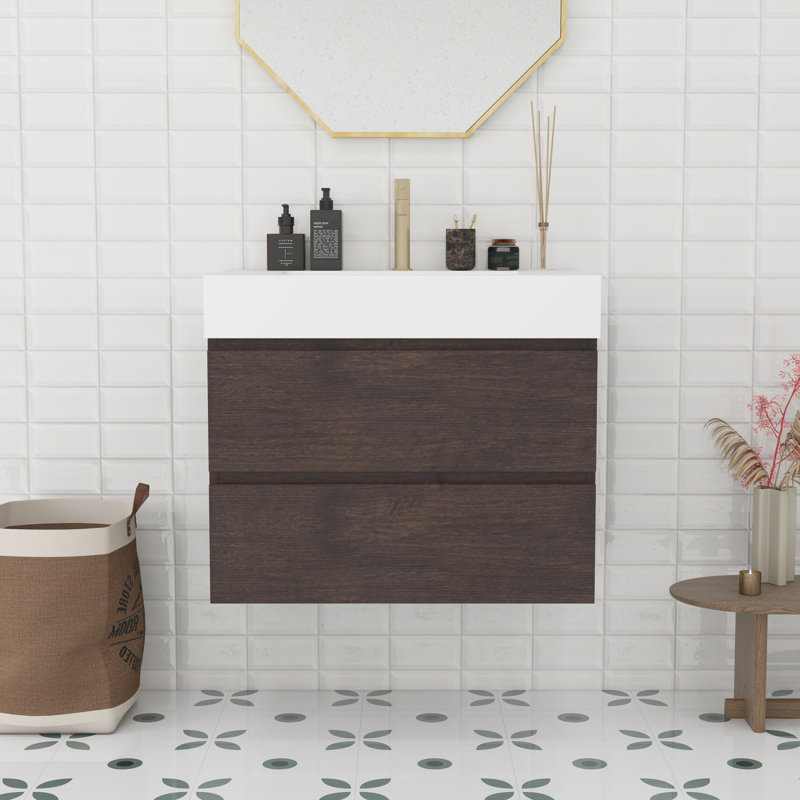 Meuble-lavabo moderne avec lavabo, Noyer, Blanc