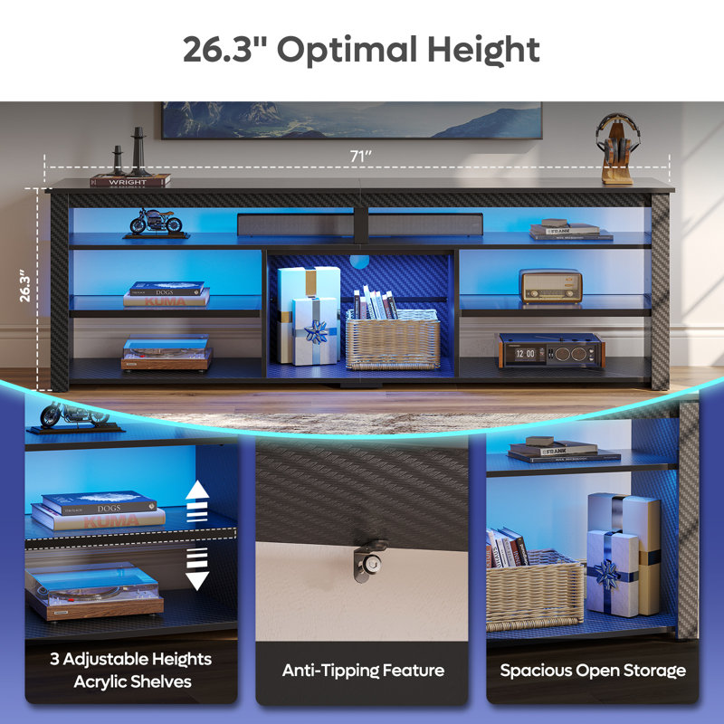 Kruszewski 70" Gaming TV Console for TVs up to 75 inch, LED Media Console with Storage and Adjustable Storage Shelves