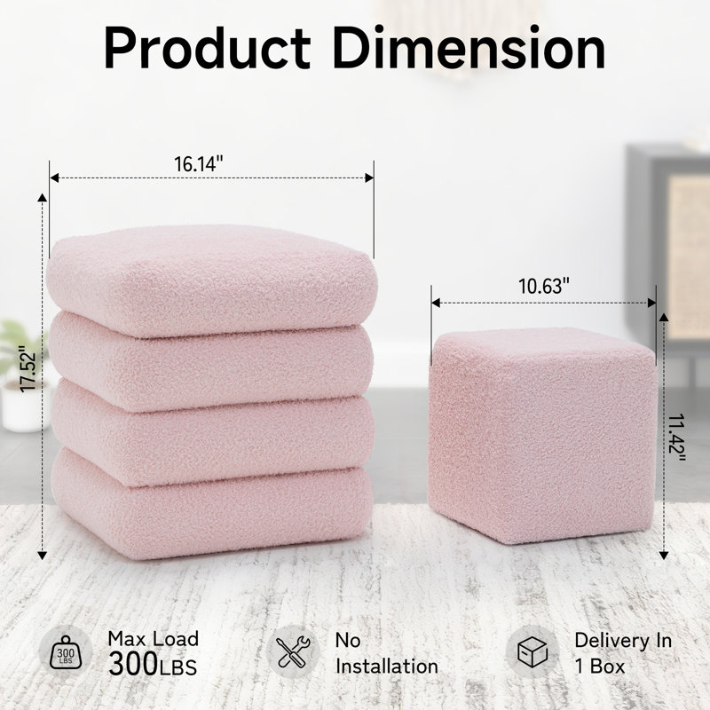 Square Ottoman , Teddy Velvet Upholstered Ottoman With Storage， Ottoman for Living Room and Bedroom(set of 2), Pink