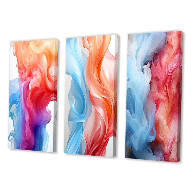 Liquid Ink Composition In Blue And Red - Minimalism Art Set Of 3 Pieces, Toile tendue, H 20 po x l 36 po