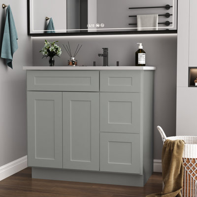 Armoire de base de meuble-lavabo en contreplaqué gris Shaker avec porte droite, l 36 po x P 21 po et H 34,5 po