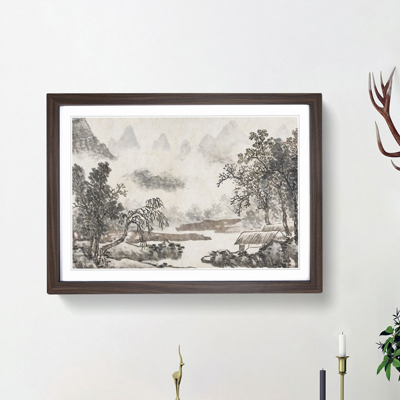 Clouds over the River by Shen Zhou - Picture Frame Painting Print, 36cm H x 48cm W x 2cm D, Walnut Framed