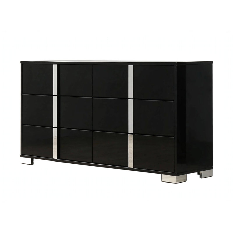 Grande commode Suni, bois de piano noir avec finition UV, 6 tiroirs, Piano noir / chrome