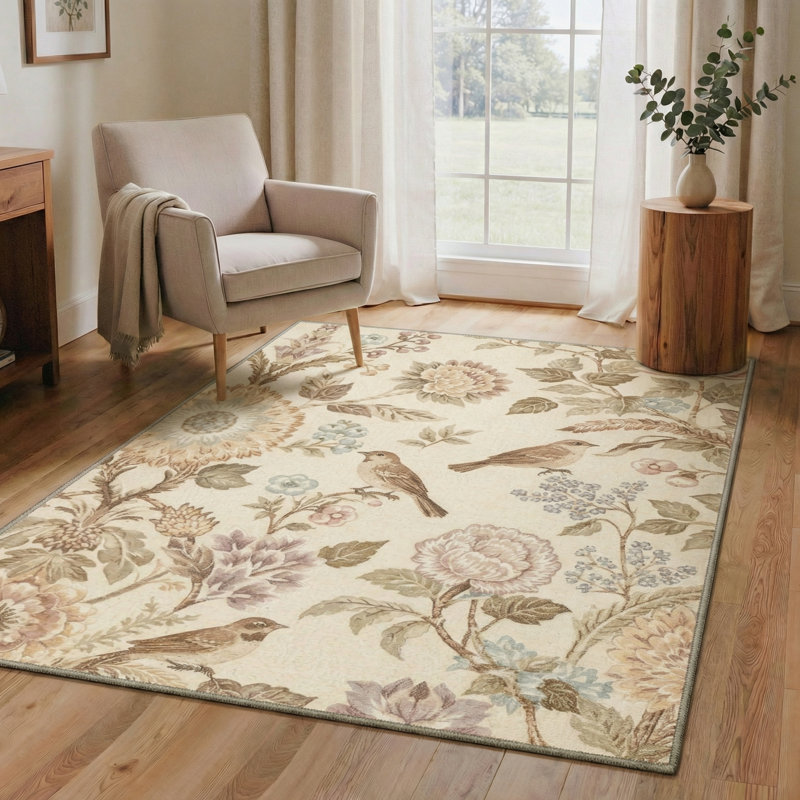 Aura Floral Machine Washable Beige Indoor Area Rug with Non-Slip Backing, Rectangle 8' x 10'