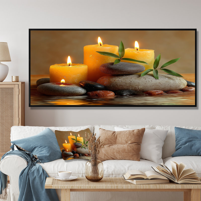 «Relaxation Candles And Bamboo», art sur toile en bambou, art mural gris asiatique, Noir, H 28 po x l 60 po, Cadre flottant