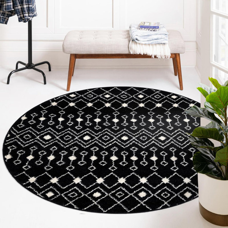Somerville Geometric Indoor Rug, Round 5'3", White/Black