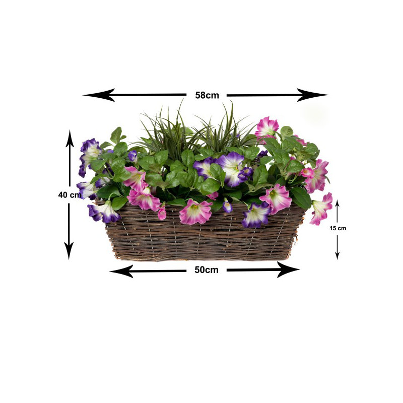 Artificial Rattan Window Box with Petunias & Green Grasses & Foliage, Pink/Purple