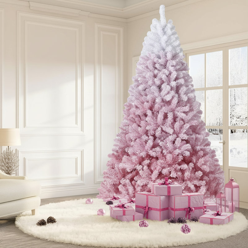 Arbre de Noël rose, avec fond blanc chaud et pliable, H 9 pi