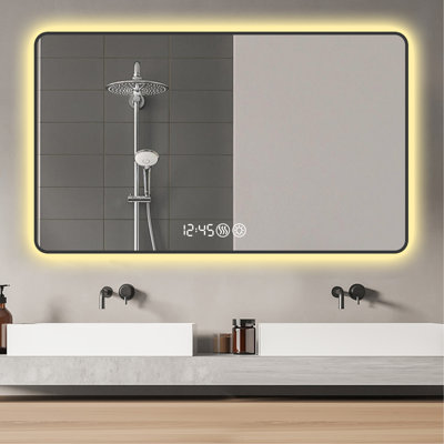 Vanity Mirror 48X32 Black - Temperature Display, Tri Color Modes, Defogging, Shatterproof, Frame For Bathroom Time Indication, Options, High- Tempered Safe