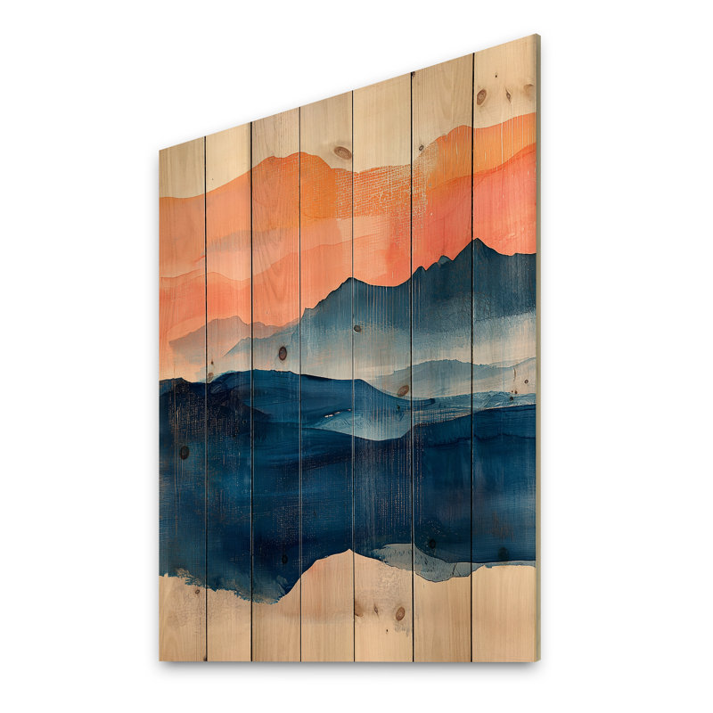 «Pink Blue Bold Landscape Bold Mountains I», paysage de montagnes, art mural sur bois de pin naturel