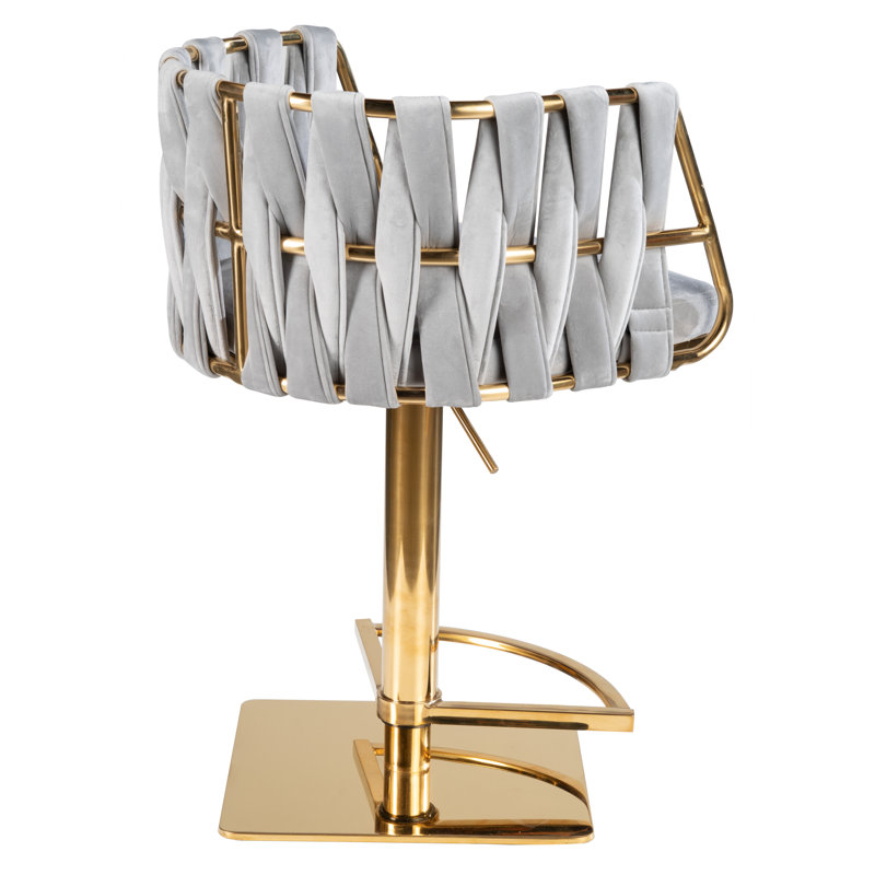 Gray Velvet Adjustable Swivel Bar Stool with Gold Steel Base