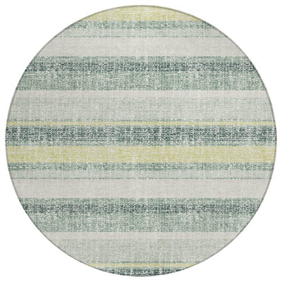 8' Pale Aqua And Lime Green Round Striped Washable Indoor Outdoor Area Rug