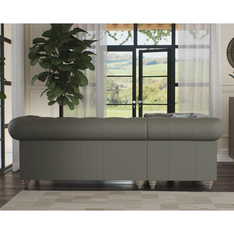 Melrose 3 Seater Leather Corner Sofa , Stone Grey, Washed Oak, Left Hand Facing