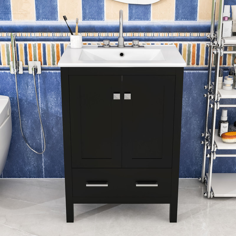 Meuble-lavabo avec lavabo, 1 tiroir et 2 portes, Noir