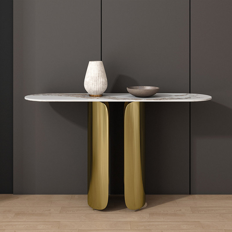 Table d'entrée moderne en pierre frittée minimaliste, H 31,5 po x l 39,3 po x P 15,7 po, Doré, Brun / Blanc