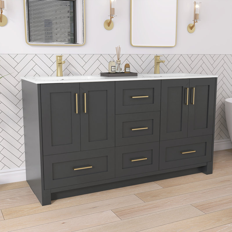 Ensemble de meuble-lavabo double 60 po gris foncé avec plateau solide (assemblé)