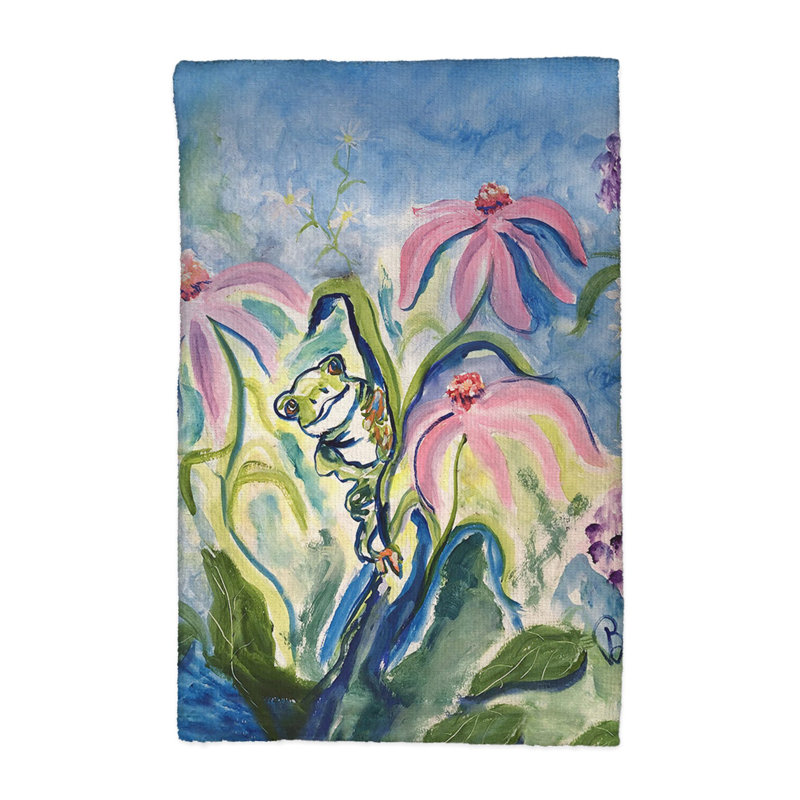Serviette de cuisine grenouille et fleurs roses