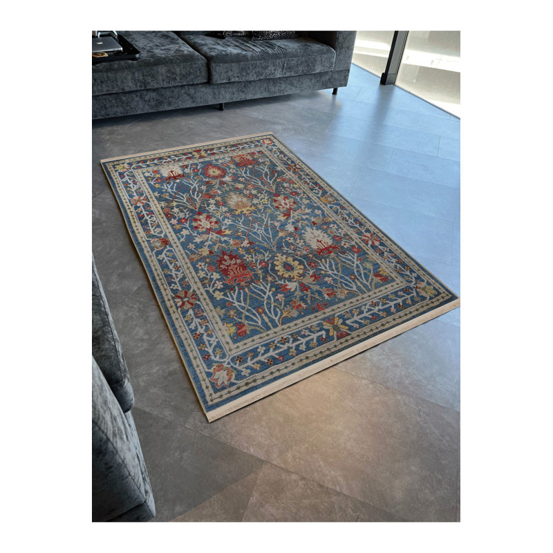 Tapis bleu lavable décoratif floral, Sous-tapis rectangulaire 2 pi 4 po x 3 pi 11 po