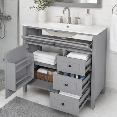 Meuble-lavabo autoportant 36 po avec lavabo 36 po, gris, 3 tiroirs, tablette réglable, capacité de 100 lb, robinet non inclus