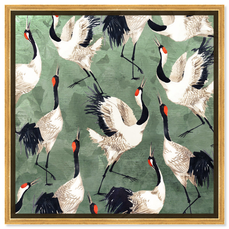 «Animals Grazing Cranes Birds», impression sur toile, H 24 po x l 24 po, Toile encadrée, Doré