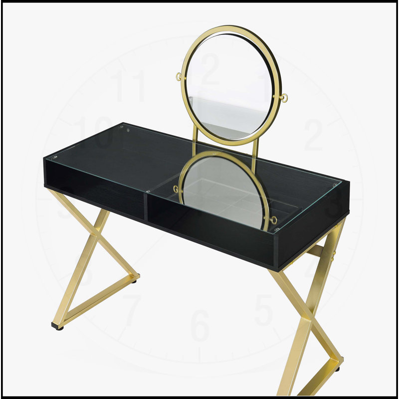Charmant meuble-lavabo avec miroir et plateau à bijoux pour espaces élégants, Noir / or