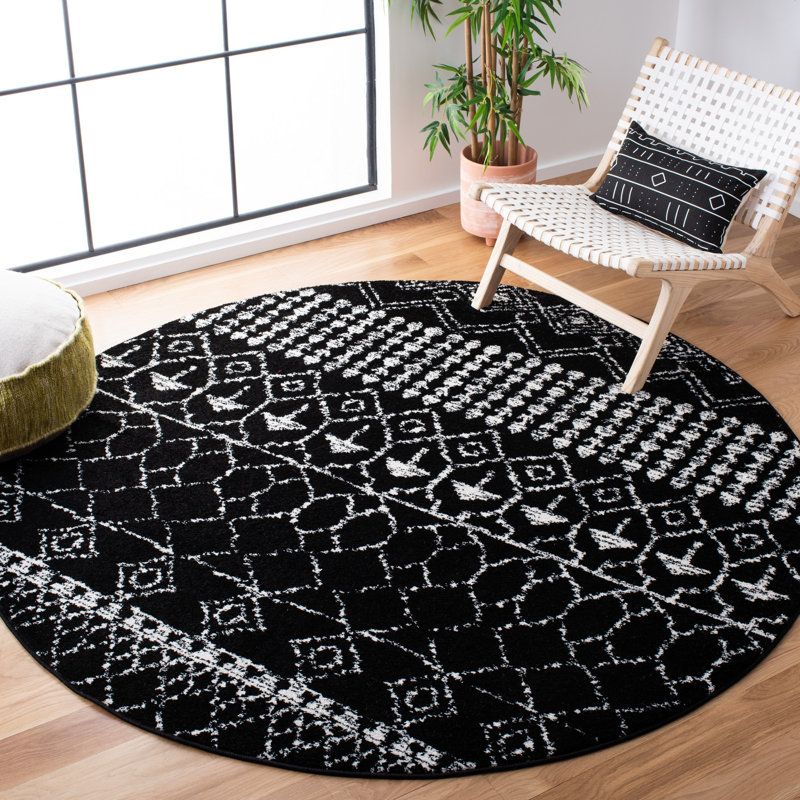 Tapis noir à motif géométrique Cobos, Rond 5 pi