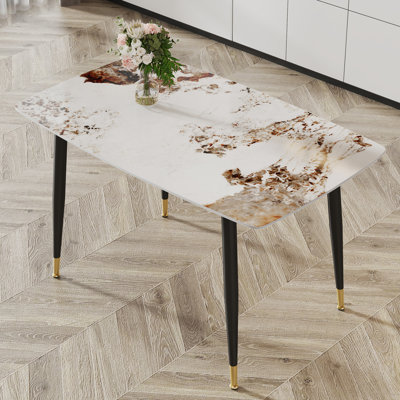 Modern minimalist dining table. A  patterned SINTERED STONE tabletop with black metal legs.  Suitable for kitchen and living room 50"*30"*30"   F-001