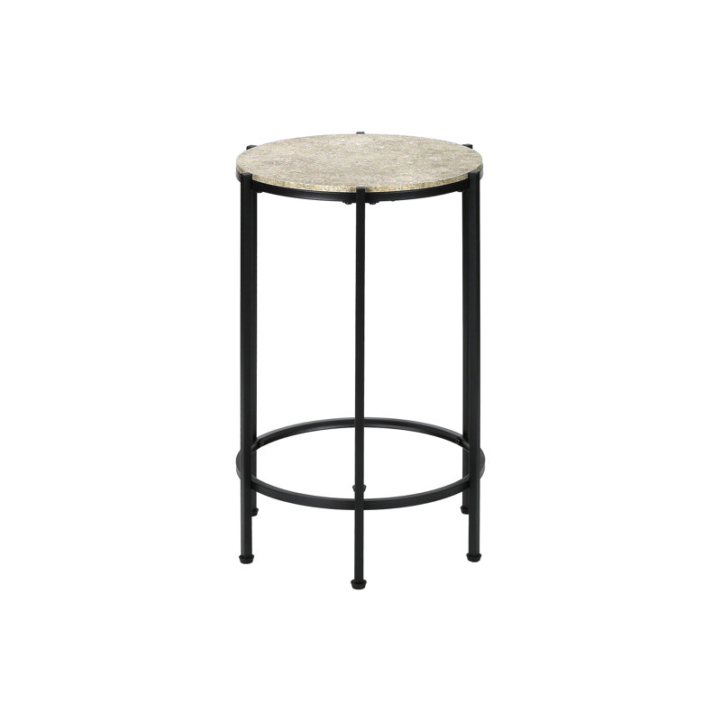 Accent Table, End, Round, Side Table, Small, Lamp, Living Room, Bedroom, Nightstand, Cream Stone Laminate, Black Metal, Contemporary