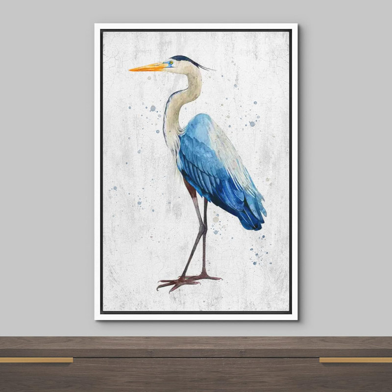 Blue Heron, oiseau sur toile, Cadre flottant blanc, H 24 po x l 16 po x P 1,5 po