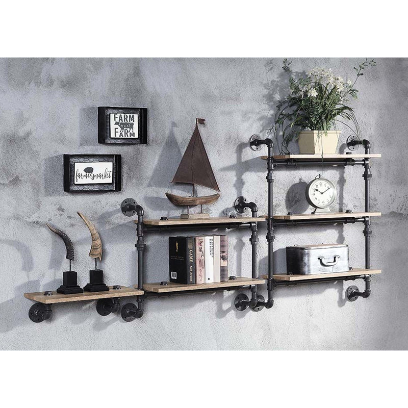 2 Tier Wall Shelf With Metal Tube, Oak And Sandy Black, Water Pipe Design, 9"W Shelf, 12" Gap For Home Storage Display Shelving, Frame, Style, Space Office Decor
