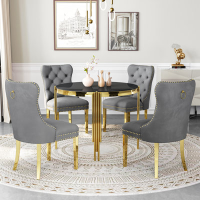 37"Modern Glass Dining Table Set, Irregular Stainless Steel Table Legs And Velvet Tufted Backrest Chairs