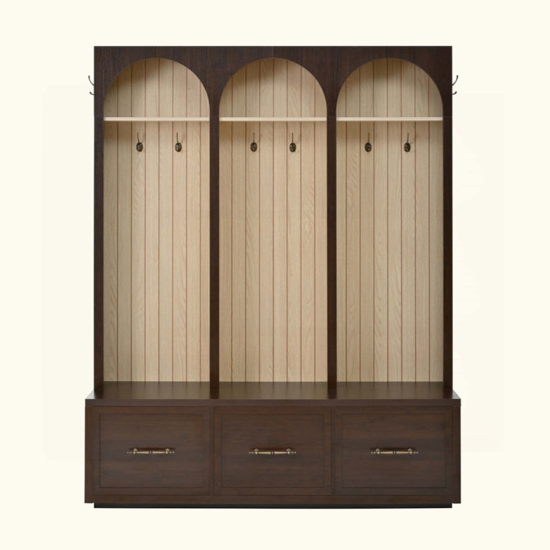 Farmhouse Wooden Style Hall Tree With Arched Design, Elegant Entryway Bench With Retro Hooks, Rustic Coat Rack & Shoe Organizer With Drawers For Living Room
