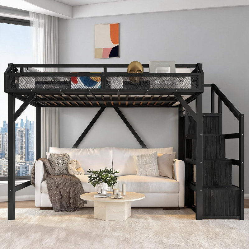 Lit mezzanine simple tout-en-un en métal avec rangement intégré, ports USB et lumières DEL, noir élégant
