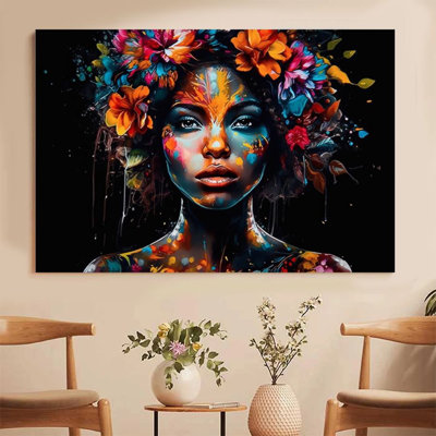 1Pc Framed Canvas Poster Print Floral Wreath Female Portrait, Colorful Face Painting, Surrealistic Art Style Wall Art, Wall Decor, Perfect for Room Decor Living Room Bedroom Office Kitchen Bathroom Home Decor, Rustic & Modern Ideal Home Wall Decoration