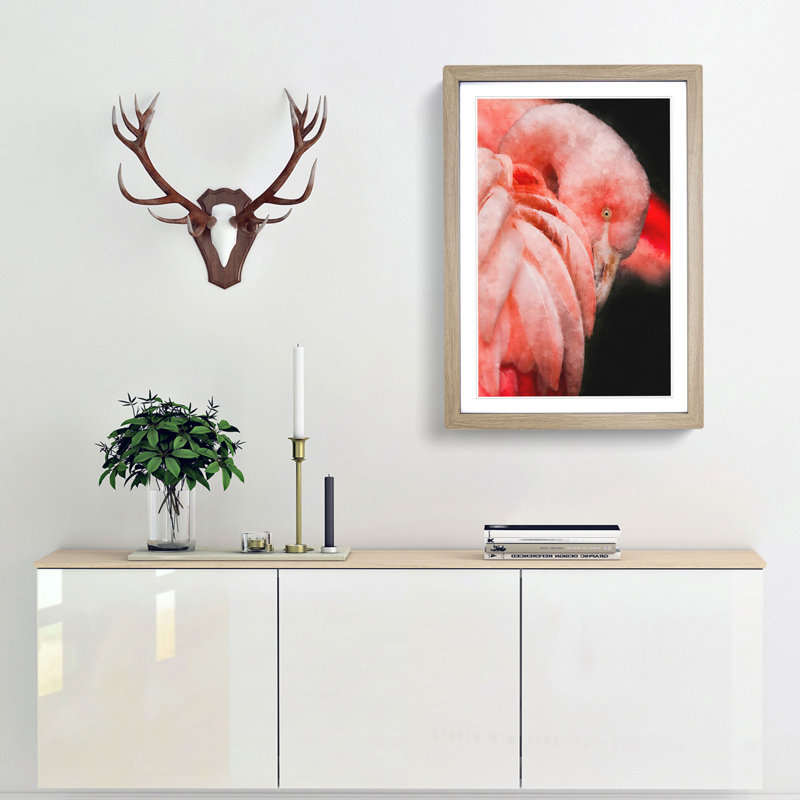 Pink Flamingo Abstract 1 Piece Single Picture Frame Painting on MDF, 33cm H x 24cm W x 2cm D, Oak Framed