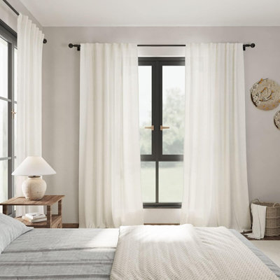 Cream Linen Blend Semi Sheer Curtains – Back Tab & Rod Pocket Farmhouse Window Drapes, Light Filtering Privacy Panels, Natural Ivory (2-Panel Set)