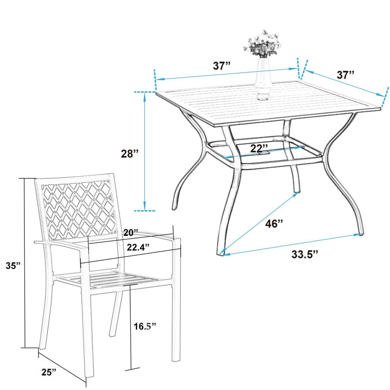 Ensemble de salle à manger pour 4 personnes en acier avec table carrée