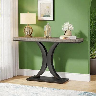 Console moderne de 100 cm (39,37 po), table d'appoint aux bords arrondis, aspect bois et piètement en métal en forme de X, idéale pour une entrée, un corridor ou un salon.