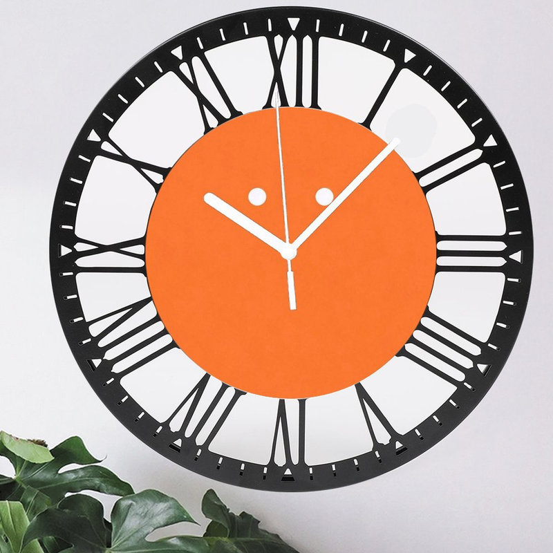 Horloge murale ronde en fer 10 po avec mouvement à quartz silencieux, chiffres romains, impression UV, Orange