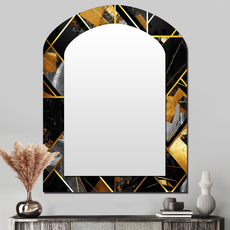 Agate en marbre de granit avec touches dorées - miroir décoratif géométrique arqué, miroir mural moderne asymétrique, impression sur métal