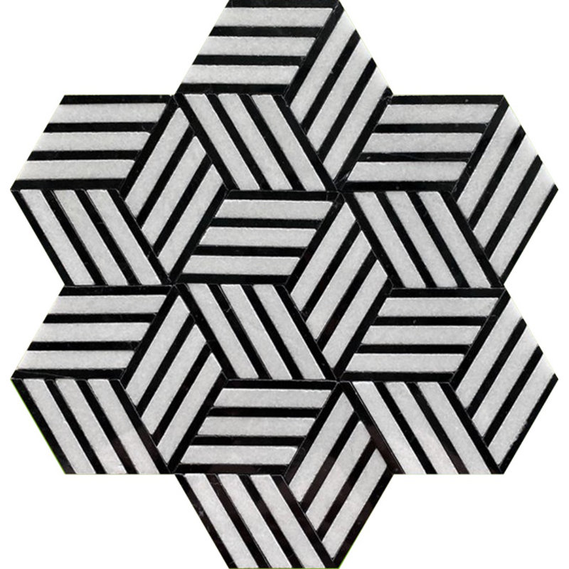 Carreau de mosaïque en marbre nid d'abeille pour mur et plancher 5 po x 5 po Rya, Thassos / Nero Marquina