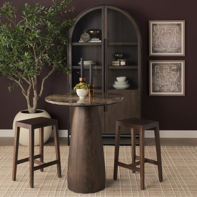 Mellonia 32" Round Dark Brown Wood W/ Cappuccino Marble Top Bistro Table, Cappuccino/Dark Brown