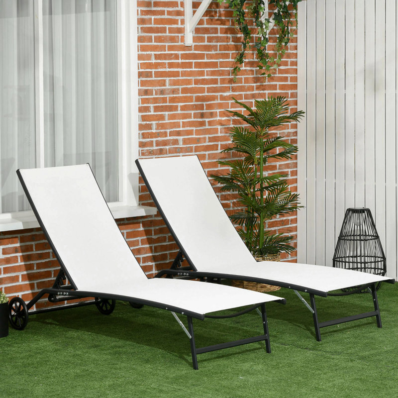 Outsunny Outdoor Chaise Lounge, 2 Piece Lounge Chair With Wheels, Tanning Chair With 5 Adjustable Positions For Patio, Beach, Yard, Pool