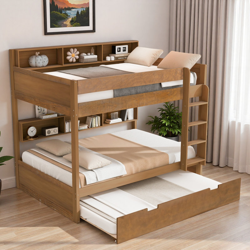 Lit superposé avec lit gigogne et rangement intégré, Simple sur simple, Bois antique
