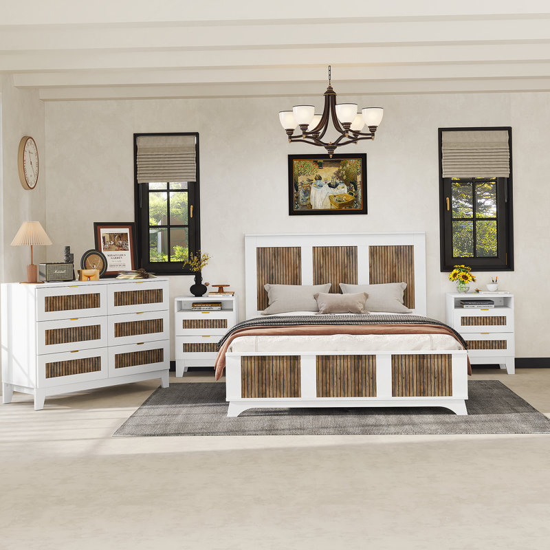 Ensemble de chambre à coucher 4 pièces Jakayla, grand lit plateforme de ferme avec décoration en bois, Blanc
