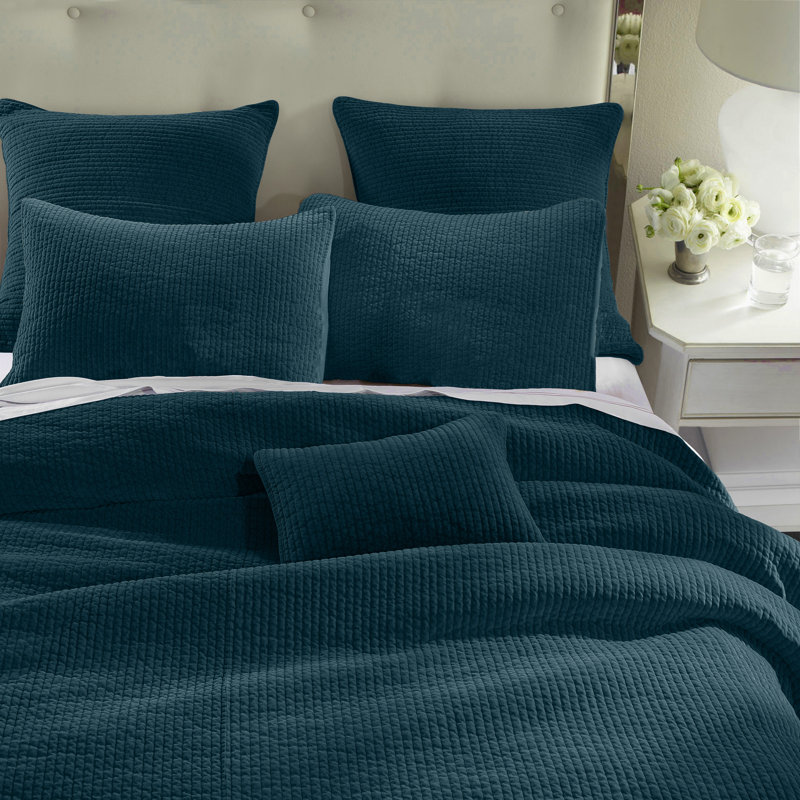 Stonewashed Cotton Velvet Modern Rustic Quilt Set, Deep Blue, King Quilt  + 2 King Shams