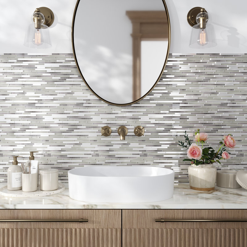 Waterfall Linear Glass And Metal Mosaic Tile, Haze