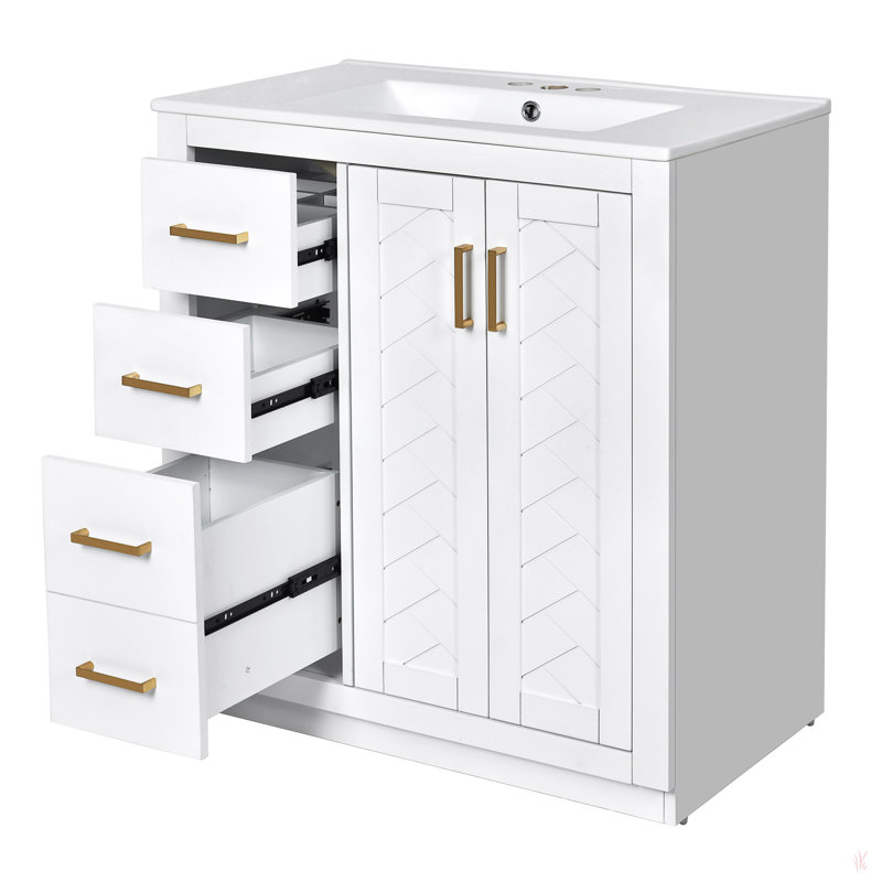 Ensemble de meuble-lavabo 30 po avec lavabo en céramique, armoire de rangement en bois massif, ensemble de meuble-lavabo autoportant avec 3 tiroirs et portes à fermeture douce